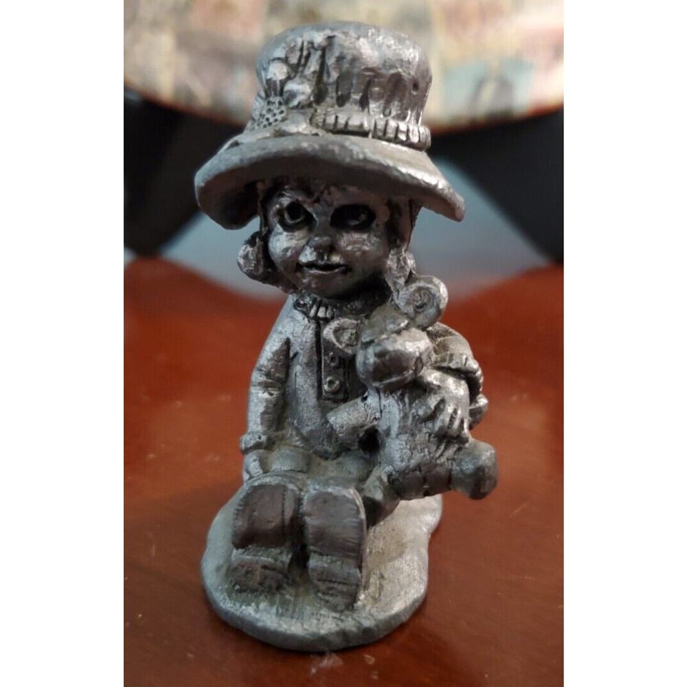 Vintage Michael Ricker Pewter Figurine - Girl with Teddy Bear